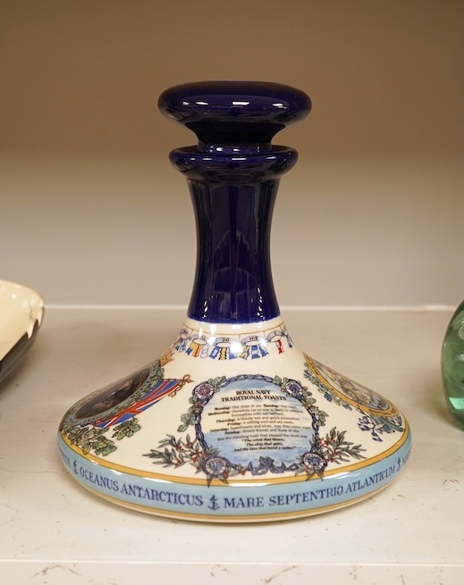 Wade 'Purser's Navy Rum Decanter' and two Captain Morgan rum boat ashtrays, decanter 24cm high